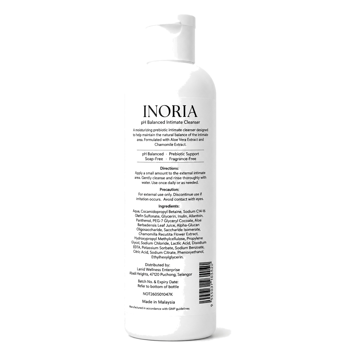 Back of the INORIA bottle, showing the full ingredient list, directions, precautions and notification number